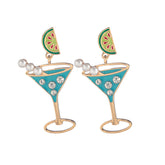 Watermelon Marg Teal Enamel Cocktail Shaped Dangle Earrings
